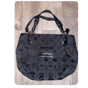 Coach Monogrammed Black Canvas Leather Trim Shoulder Handbag Purse